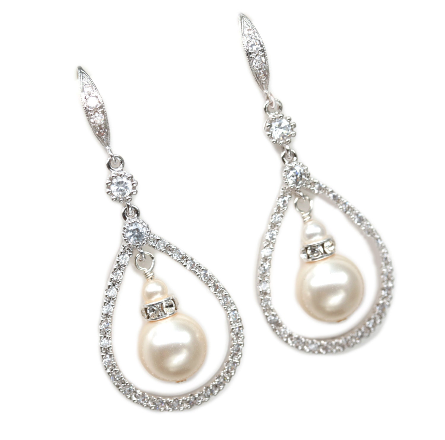 Teardrop Dangle Earrings, Pearl Bridal Jewelry, Sterling Silver and Pearl Wedding Earrings
