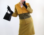 Vintage 1960s Olive Green Ochre  Wool Knit Suit Jacket Skirt. Mod. Mad Men Fashion - gogovintage