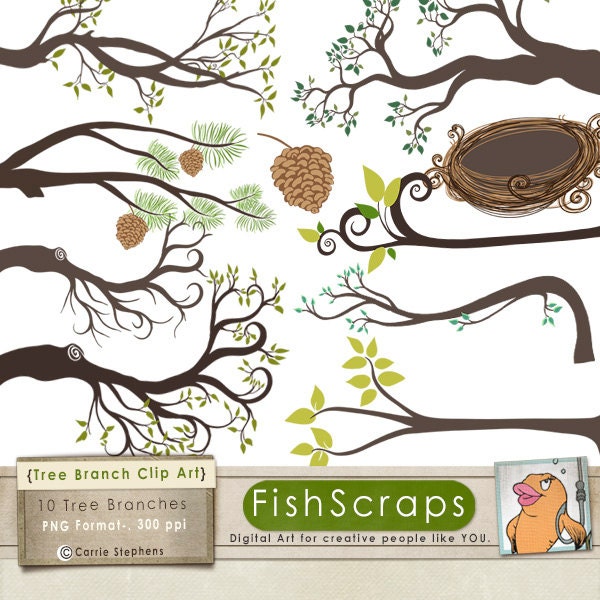 Tree Branch Clip Art - Bird Nest - Pine Cone - Branches - Digital Graphics - Downloadable ClipArt - Commercial Use Il_570xn