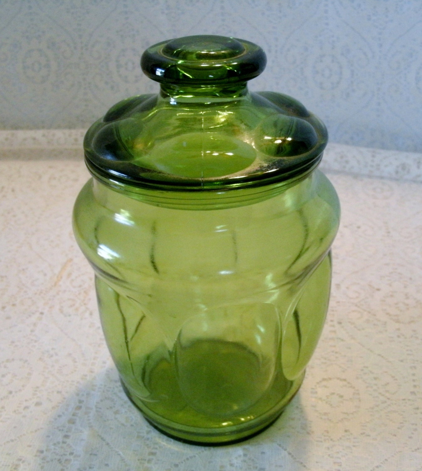 Vintage Green Glass Canister With Lid Apothecary By Sheekydoodle 4894