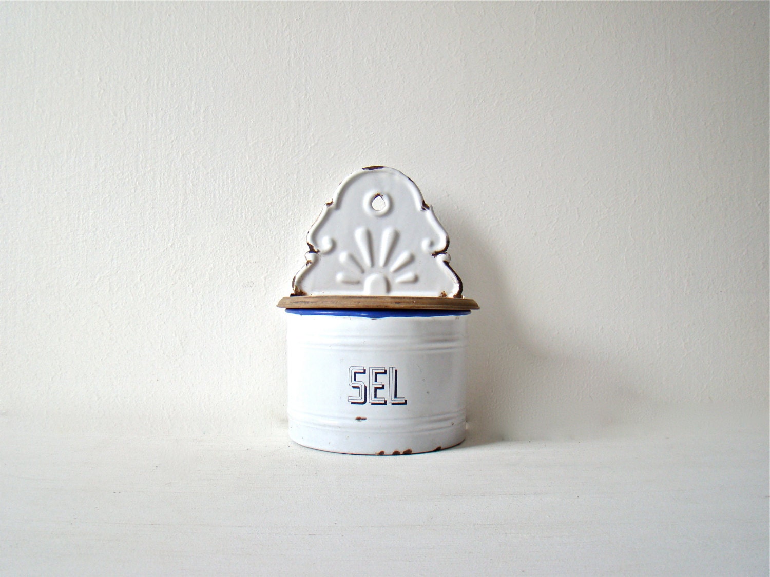French salt box, lovely french enamel white and blue salt pot, charming wedding decor, country living, salt box with lid - culturalpollination