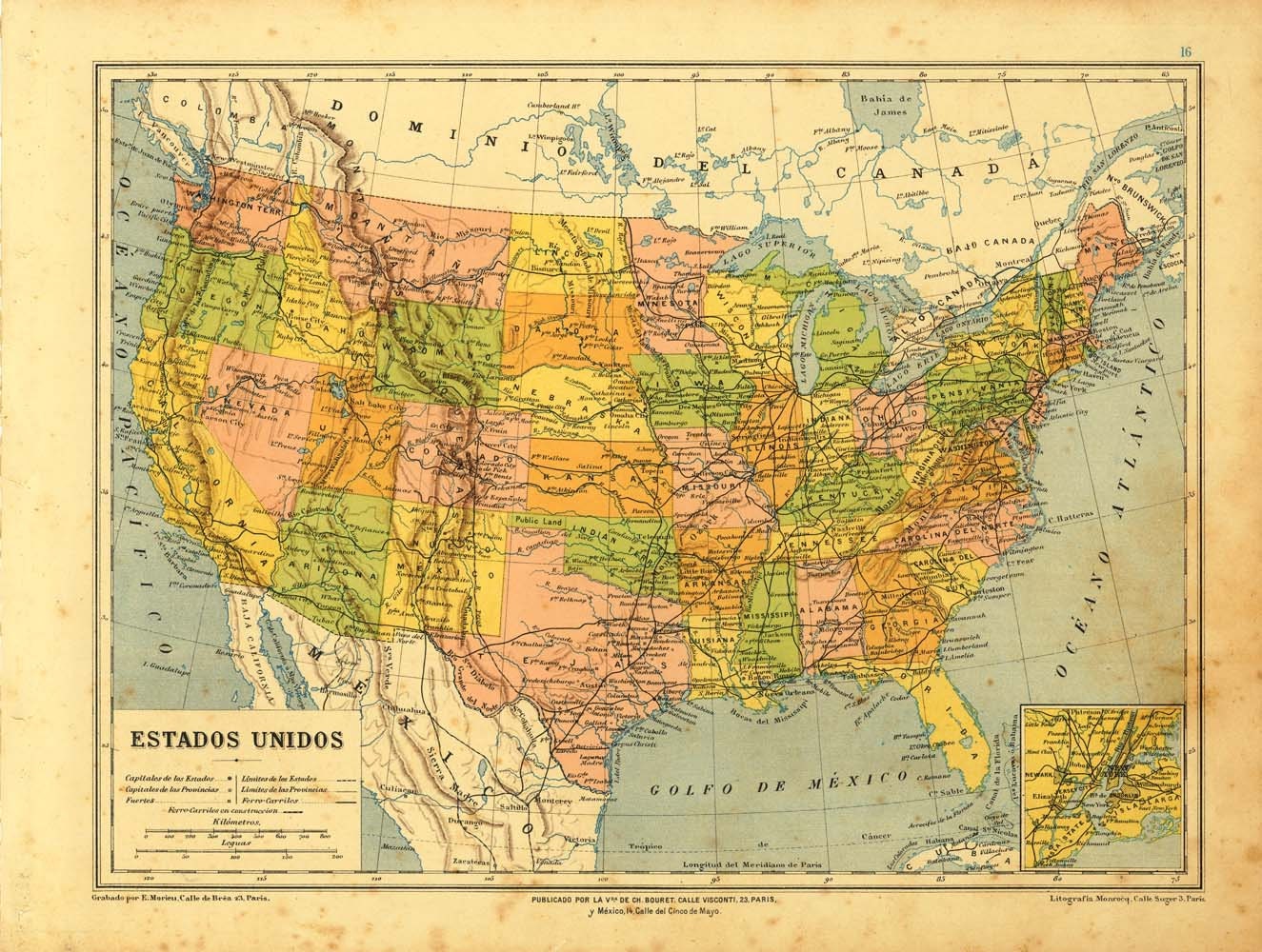 1899 United States Map Political Division Colorful