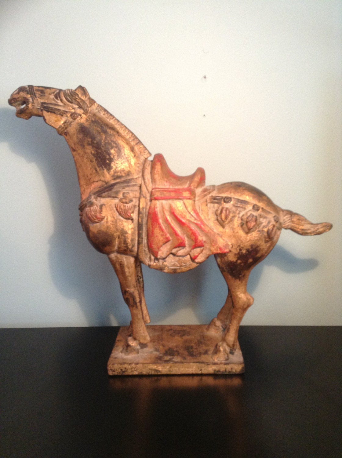 Vintage carved wood Chinese Tang horse with paint by goodkarmakc