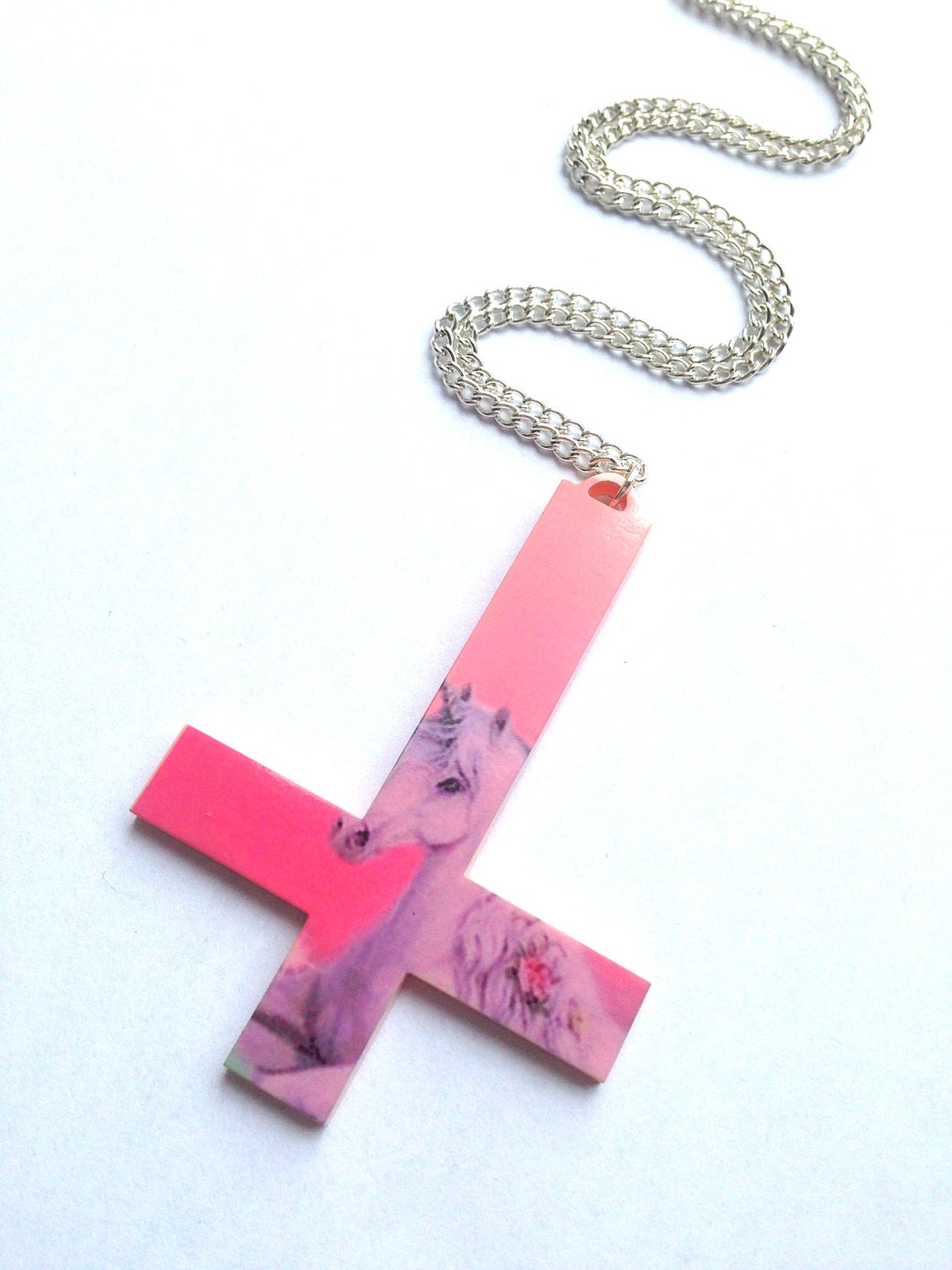 Baby Pink Unicorn Inverted Cross Laser Cut Necklace