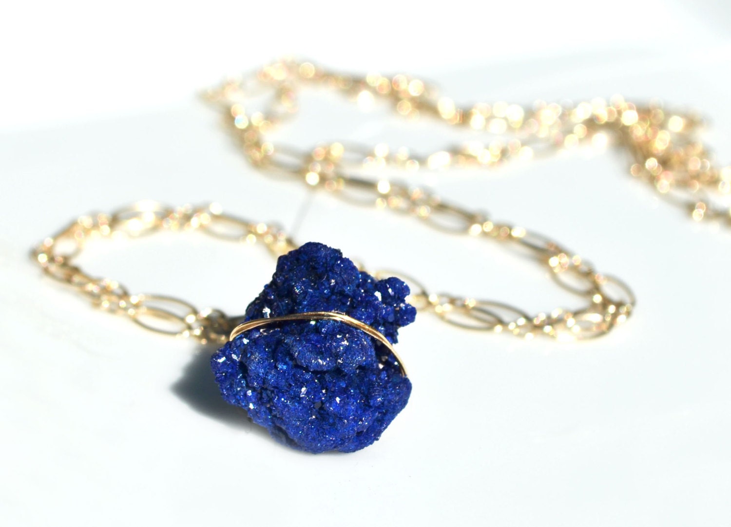 Moroccan Blue Azurite Crystal Cluster Necklace -- Raw Blue Druzy Stone -- In 14k Yellow Gold, Rose Gold, or Sterling Silver - PURYST