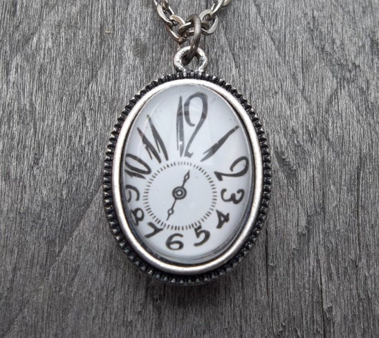 a "The Persistence of Dali" Clockpunk Steampunk Necklace, Stainless Steel Elgin Watch Movement & Fleur de lis Pendant on Cable Link Chain