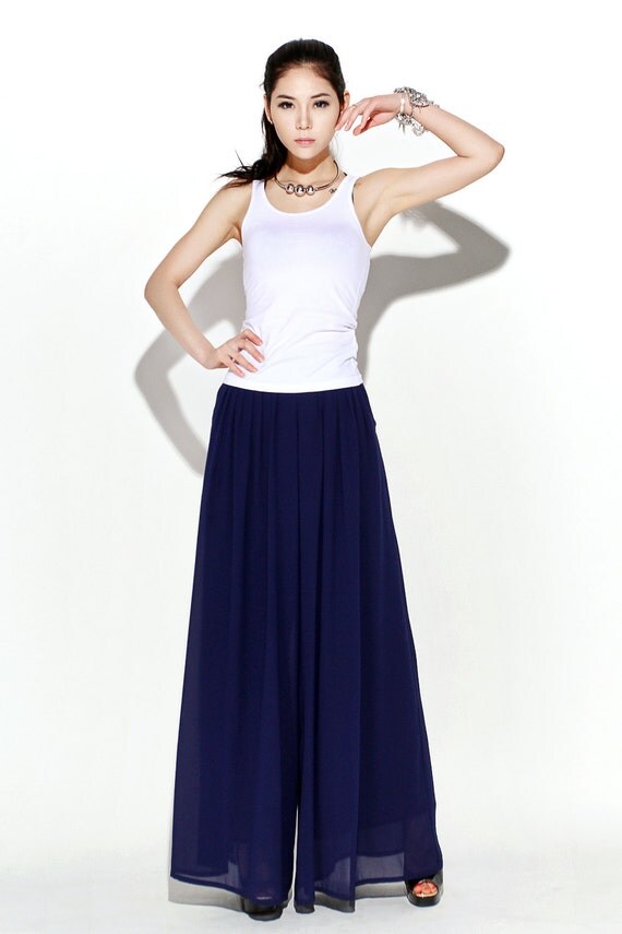 Maxi chiffon pants in navy blue by YL1dress on Etsy