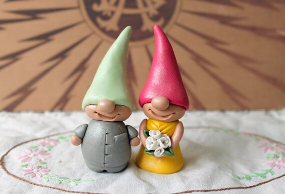 Gnome Cake or Cupcake Toppers Bride and Groom by CherryRedToppers