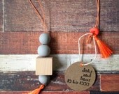 Handmade Chunky Beaded Necklace ( Light Grey Beads /  Wooden Cube / Neon Orange Tassel ) - DotsAndLines10to1000