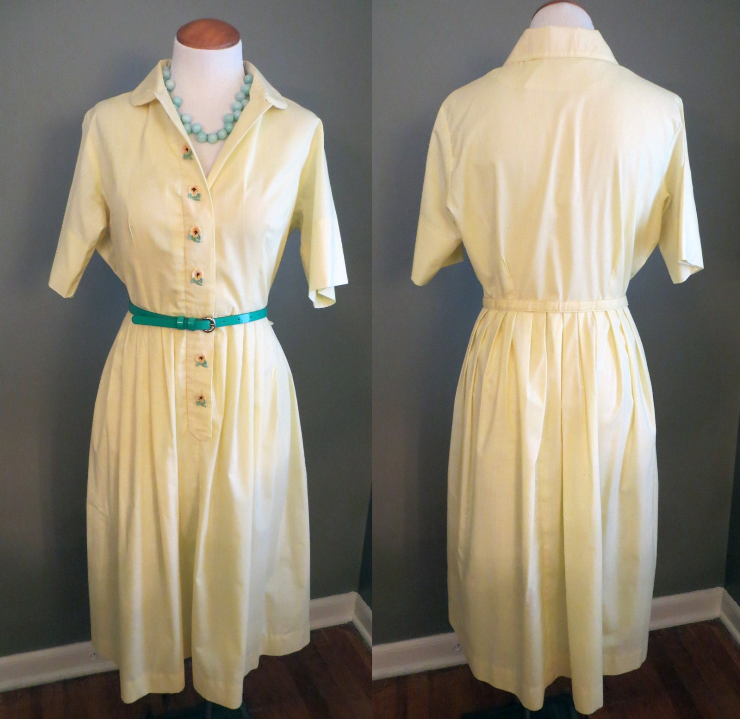 SALE Yellow Knee Length Sun Dress - Vintage Fashion Shirtdress