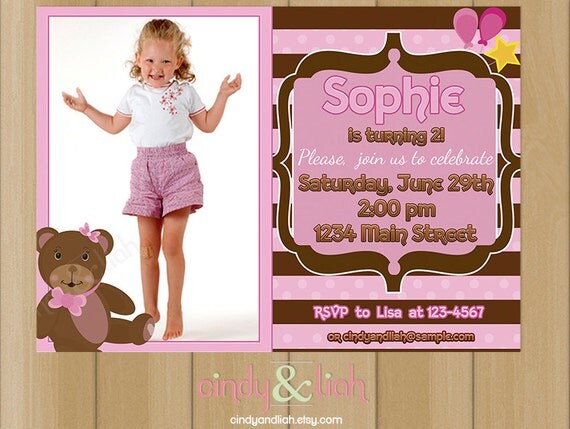 Pink and Brown Teddy Bear Birthday Invitation, Address Labels, and Envelope Seal Set - Party Printables Il_570xn