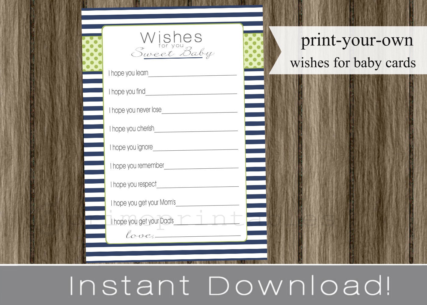 Wishes for Baby boy cards navy blue and green INSTANT DOWNLOAD diy digital printable file print your own Il_570xn