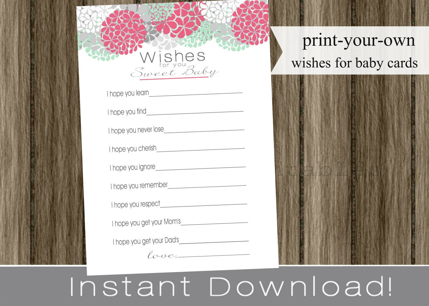 Baby Shower Well Wishes for Baby girl pink hydrangea flowers and gray INSTANT DOWNLOAD diy printable file print your own Il_570xn
