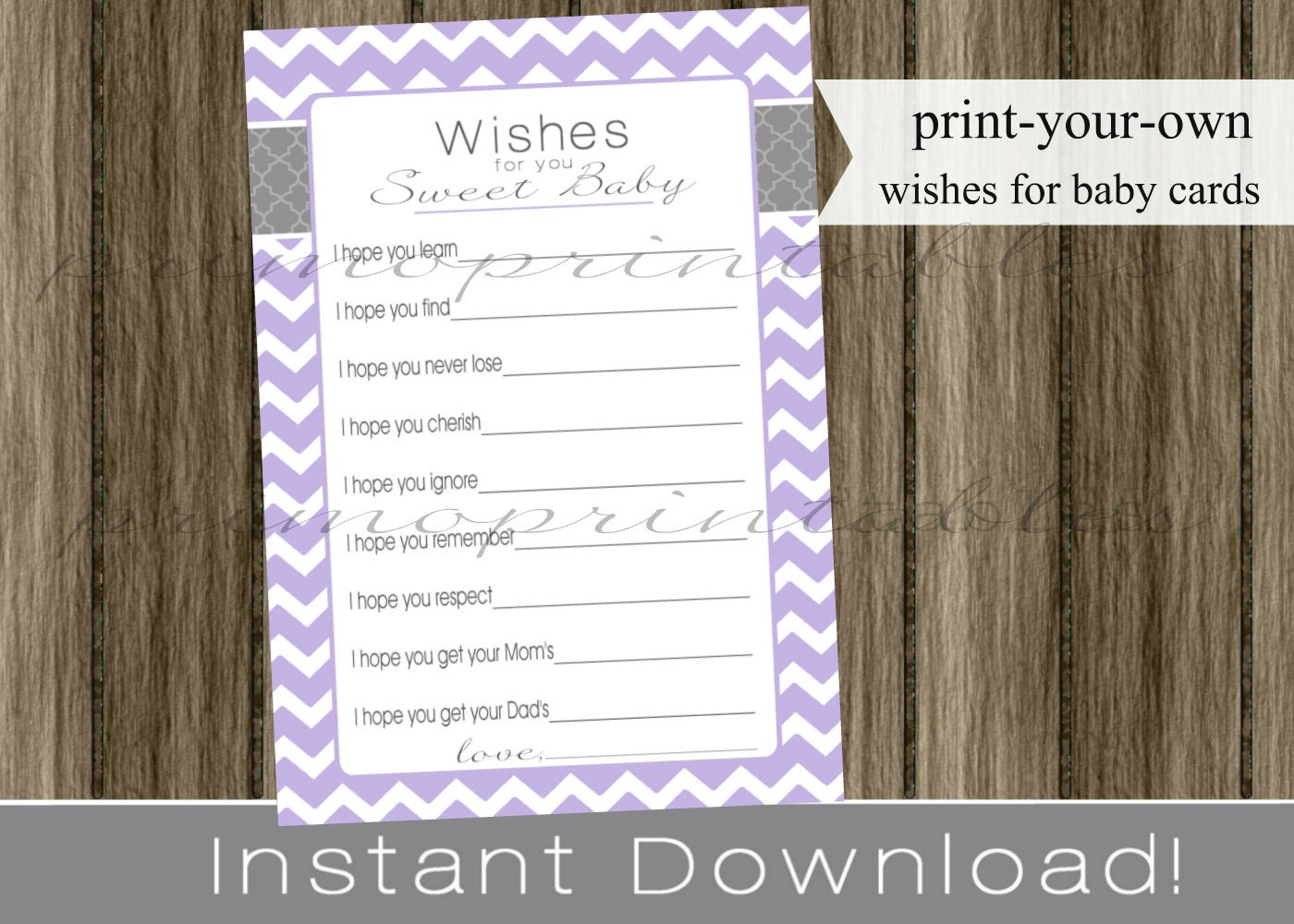 Baby Shower Wishes for Baby girl lavender chevron and gray INSTANT DOWNLOAD diy printable digital file print your own Il_570xn