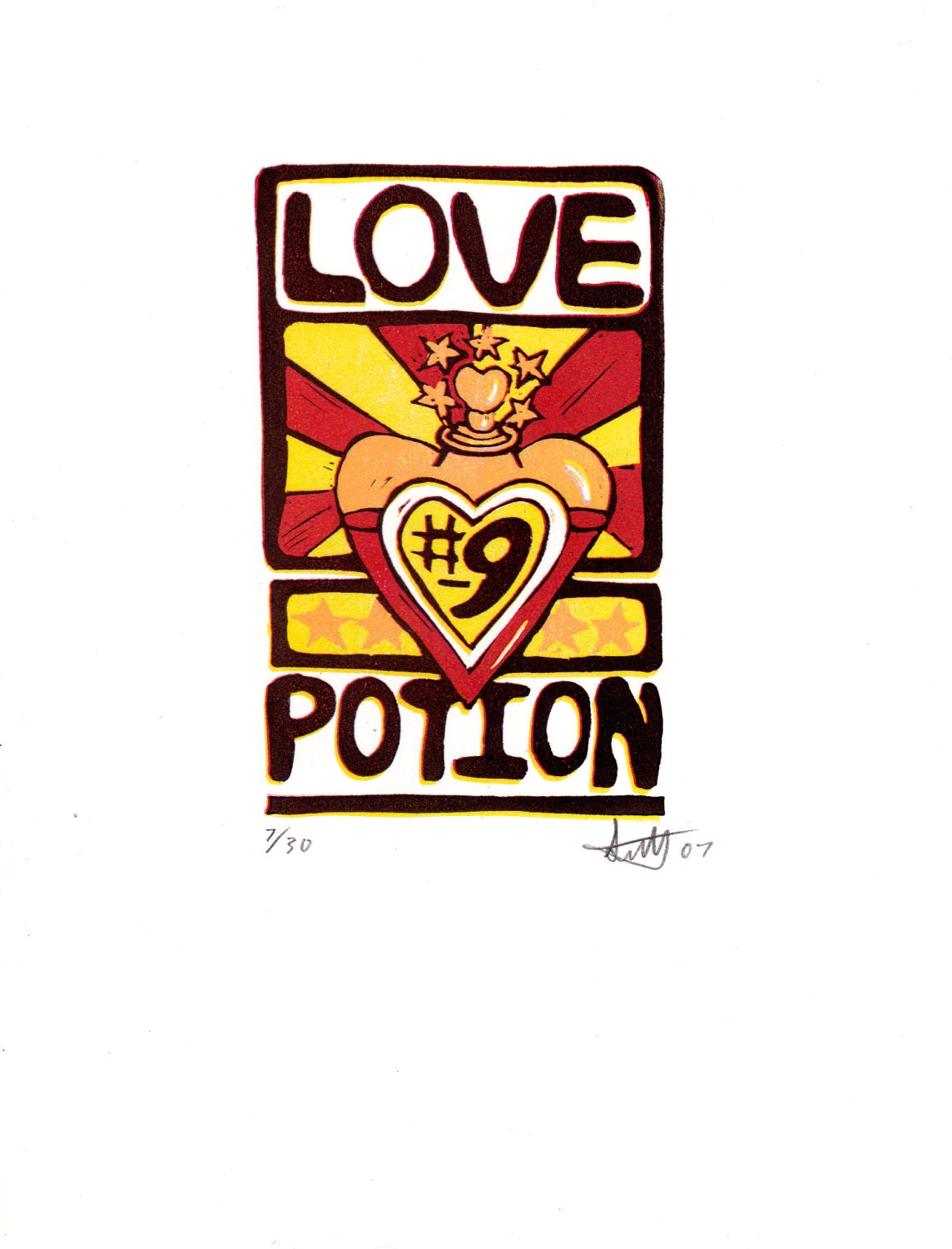 Love Potion Number 9 Linocut Reduction Print by RobinsEggPrints