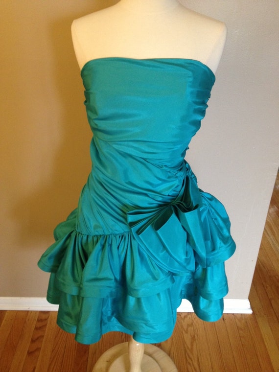 Vintage Teal Couture Prom or Cocktail Ruffled Bow Cinched Waist Dress ...