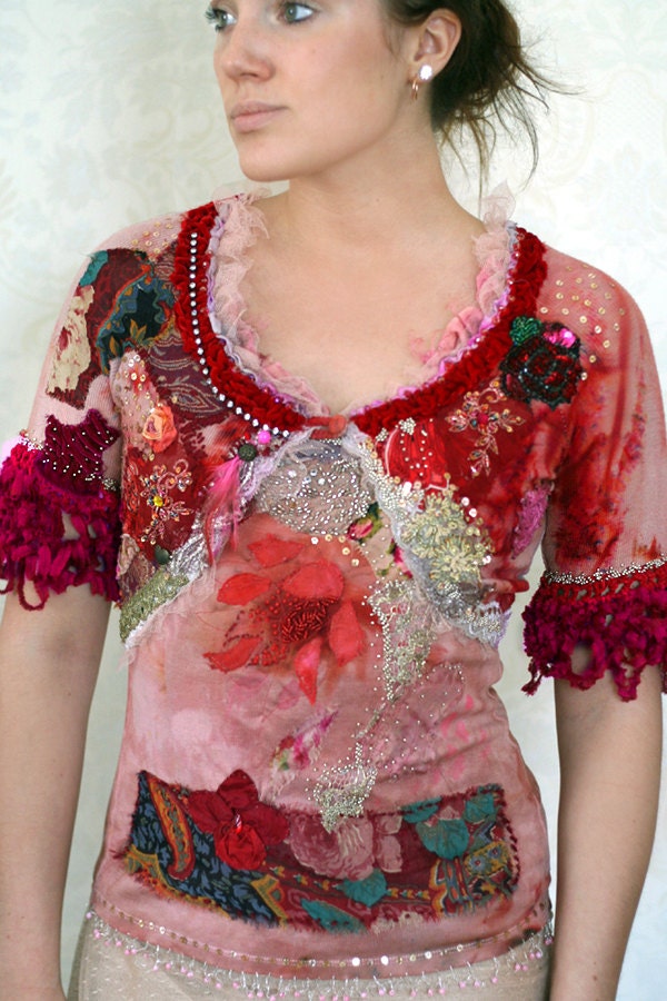 Circus Princess,--set of top and jacket, bohemian whimsy wild textile collage, experimental, torn silk, wearable art, hand embroidered