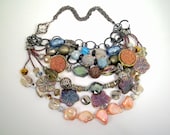 Druzy, MOP, crystal necklace, bib statement, silvertone, salmon, blue, gunmetal and black chains, unique pewter toggle: Sand Meets Sky - TashinkaBeadingHeart Druzy, MOP, crystal necklace, bib statement, silvertone, salmon, blue, gunmetal and black chains, unique pewter toggle: Sand Meets Sky - TashinkaBeadingHeart