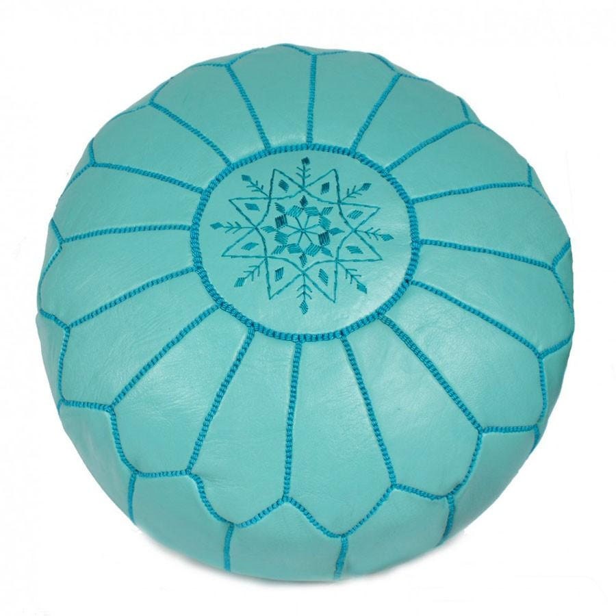 Set of 2 Moroccan Designer Duck Egg Blue luxury Leather Poufs Hand Stitched and Embroidered - bazarberber