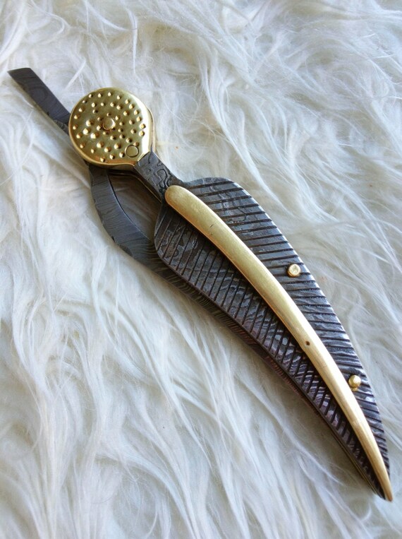 Damascus Steel handmade feather folding knife by DCIllusion