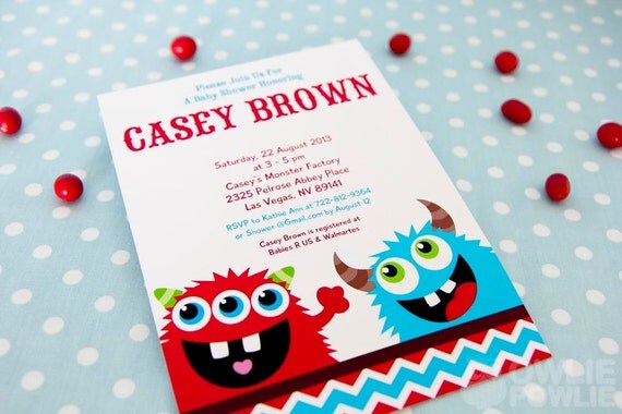 INSTANT DOWNLOAD, Monster Bash BABY Shower Red Blue Printable 5 x 7 inch Invitation, You Edit Yourself with Adobe Reader Il_570xn
