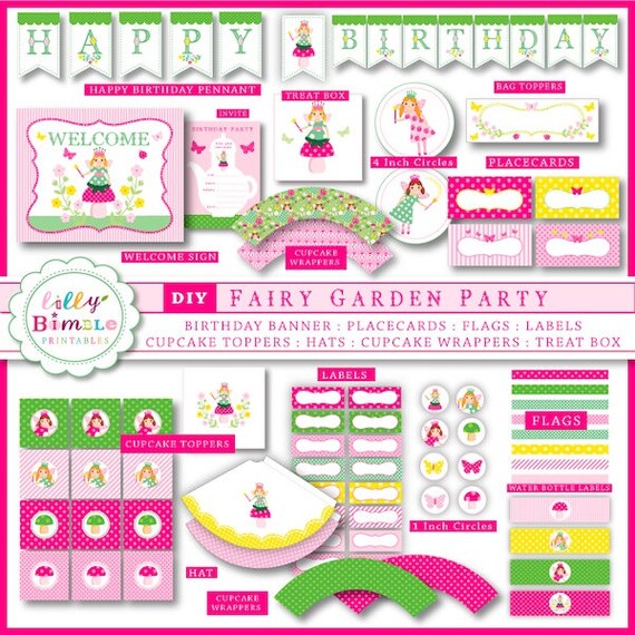 Fairy Garden Birthday Party INSTANT DOWNLOAD DIY printable party kit Cupcake toppers, wrappers, invites Birthday Il_570xn