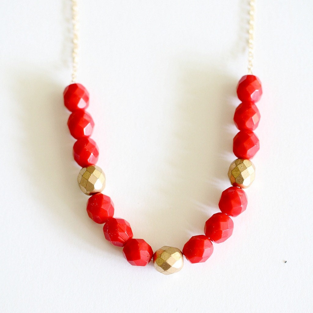 Red Necklace, Gold Beaded Statement Necklace, Festive necklace - NestPrettyThingsShop