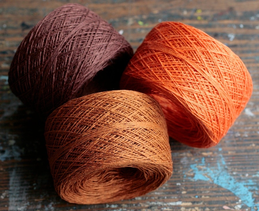 Linen yarn thread -- three balls -- tan, brown, orange