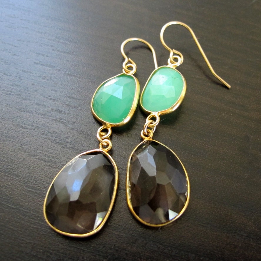 Faceted Green Chrysophase & Faceted Smoky Quartz Earrings