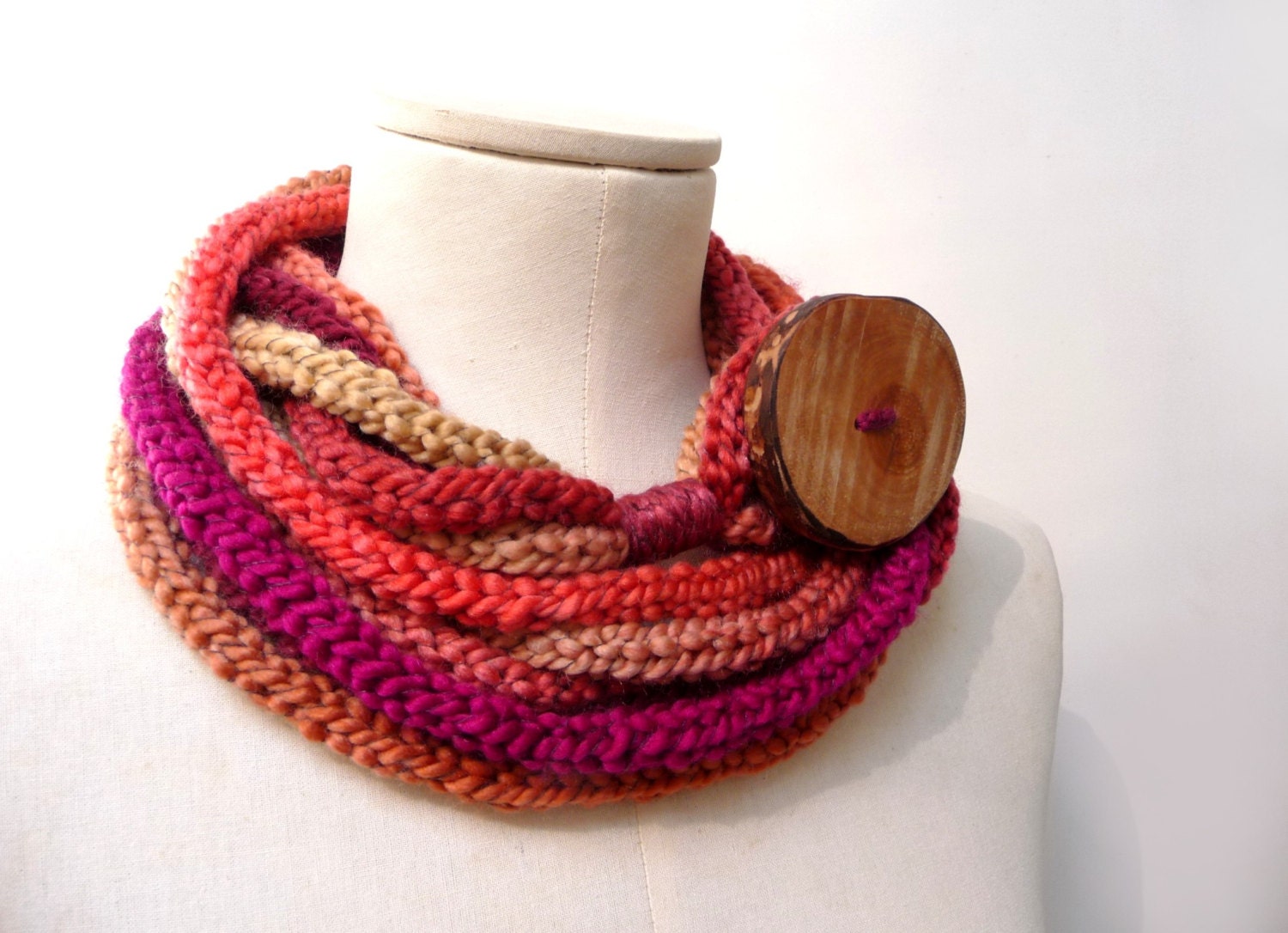 Knit Infinity Scarf Necklace, Loop Scarlette Neckwarmer - Red, Purple, Orange, Mustard Yellow ombre yarn with big wood button - Handmade - ixela