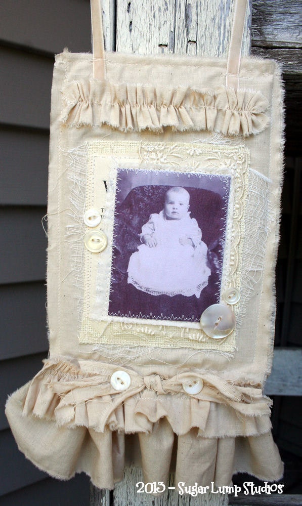 SWEET BEBE Fabric Collage Hanger using antique laces and mother of pearl buttons