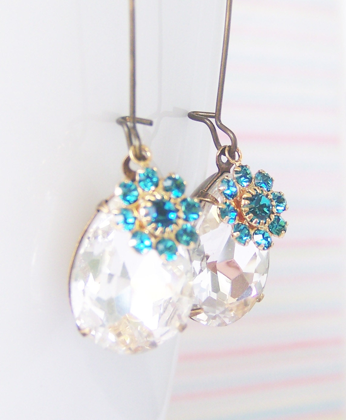 Glass Jewel Earrings, Crystal Flower Earrings, Antiqued Brass, Bridesmaid Earrings, Gift
