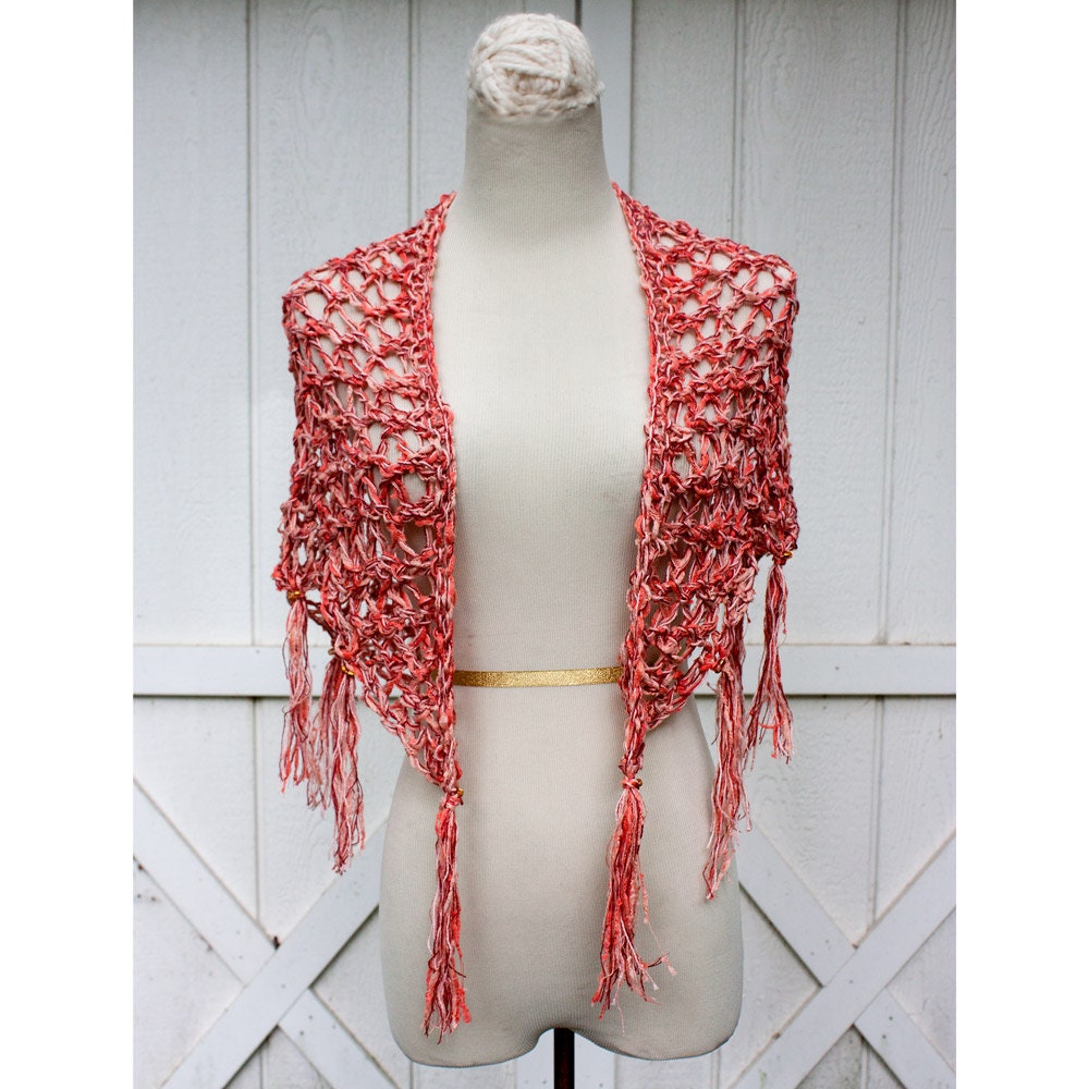 Shawl in Peachy Tones, with Fringe and Beads, in Cotton Blend and Lacy Stitch - HuzzahHandmade