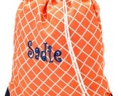 Monogrammed Coral Navy Blue Gym Bag with Drawstring Academy Backpack School Bookbag