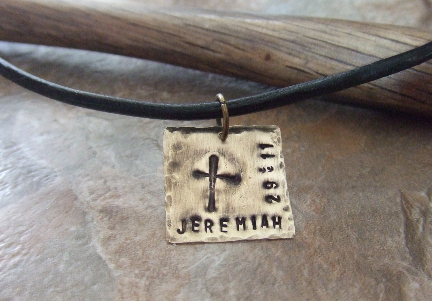 Men's Handstamped Rugged Cross Necklace - Personalized -  First Communion Confirmation Baptism