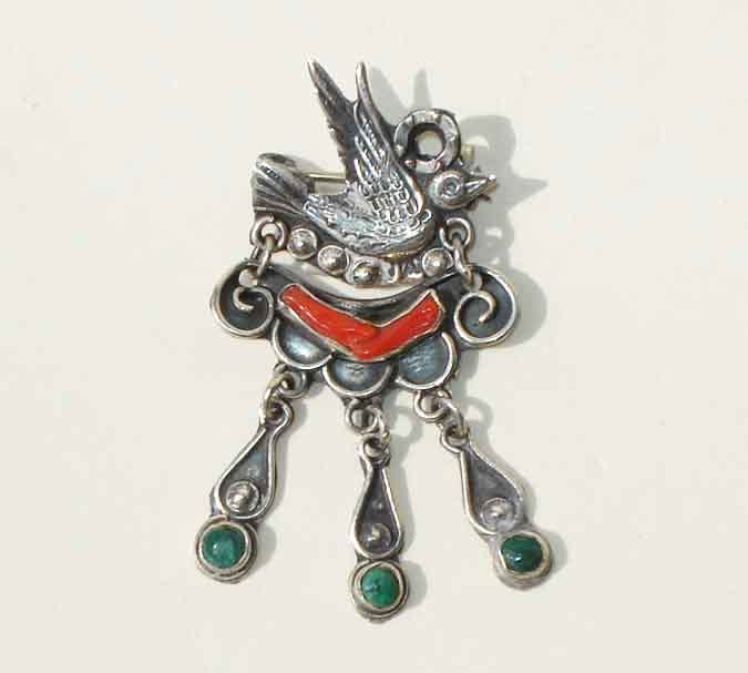 Vintage Mexican Brooch Love Bird Dove Sterling Silver Turquoise Coral Pin & Pendant - metroretrovintage