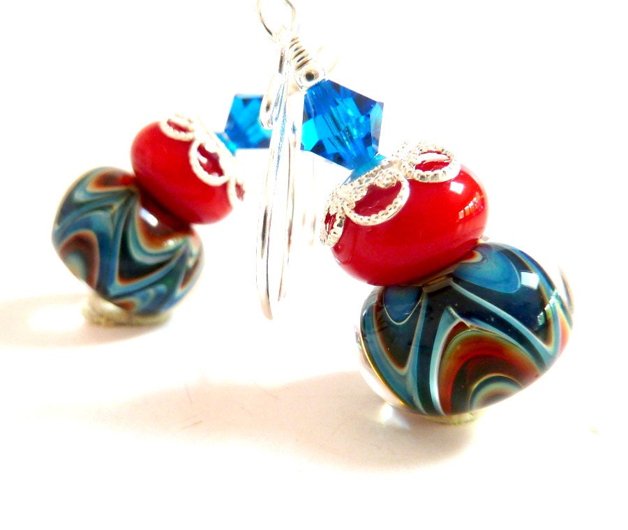 Blue Wave Earrings, Red Turquoise Aqua Blue Glass Beaded Earrings, Sterling Silver, Handmade Lampwork Earrings, Colorful - Elegencebyelaine