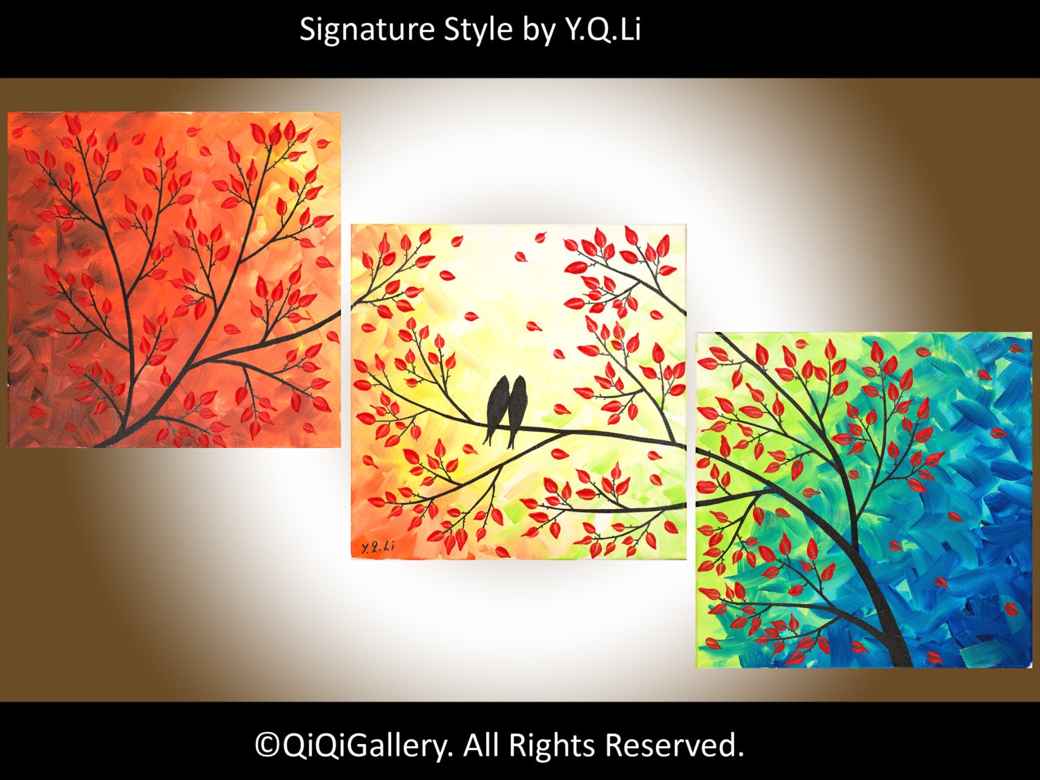 36" Abstract Painting Original Impasto Painting landscape painting Palette Knife Tree Love Birds Painting Wall Décor "Sunset in Forest"