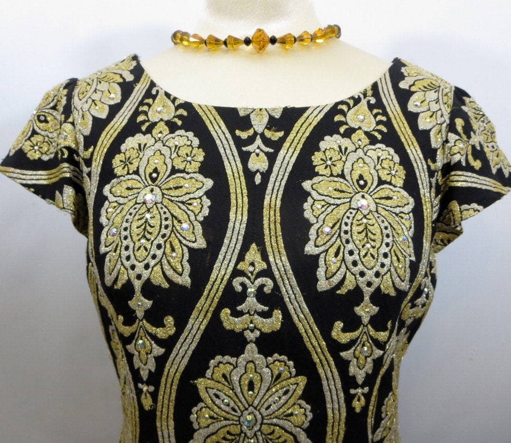 RESERVED Vintage Mod 60s Mini Dress Black and Gold Brocade 1960s MadMen era A Line Med - Large