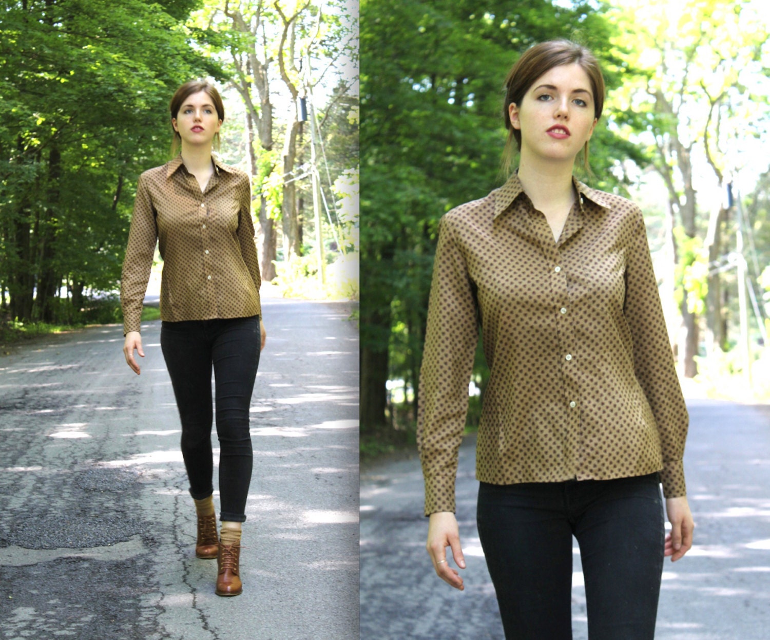vintage 1970s shirt. Med. Jones New York paisley. Red, mocha tan. Retro preppy boyfriend blouse / the TOASTED COCONUT top