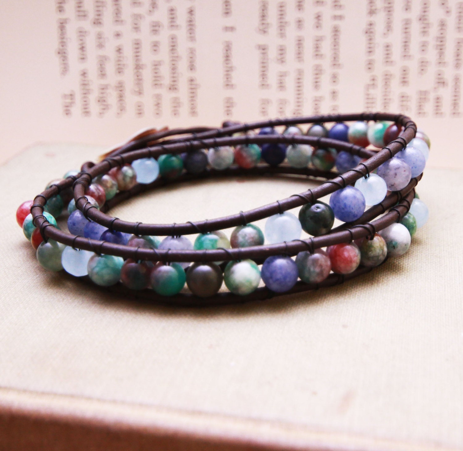 Mixed Stones Leather Double Wrap bracelet with Flower Clasp - For LARGER wrist - ScrapsandPaper