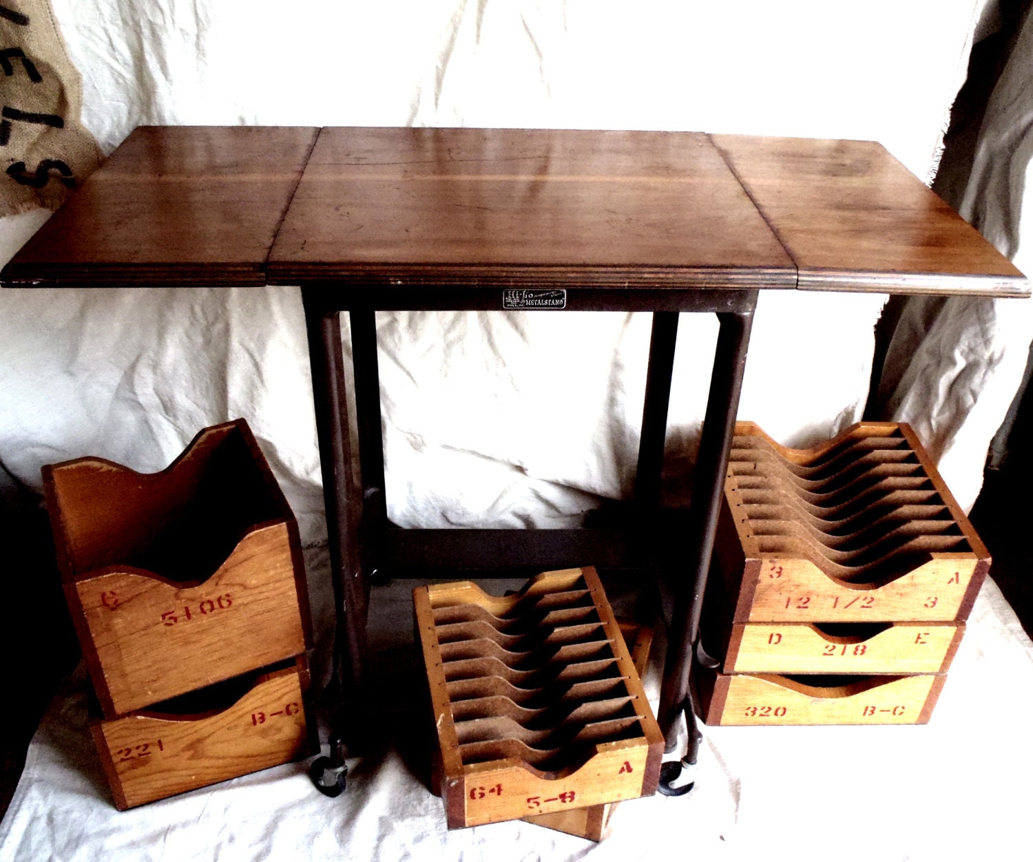 Vintage Hi-Lo Typewriter Stand Solid Wood Top Metal Base