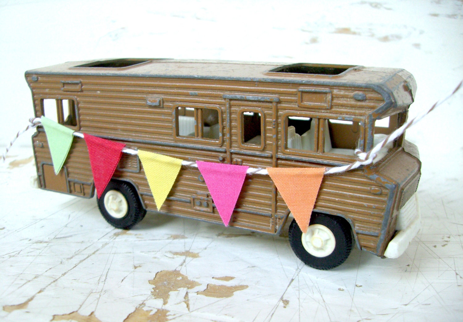 Vintage CAMPER Toy, By Tootsie Toy, Recreational Vehicle, Groovy 1970, With A HandMade FabRic Bunting BanneR