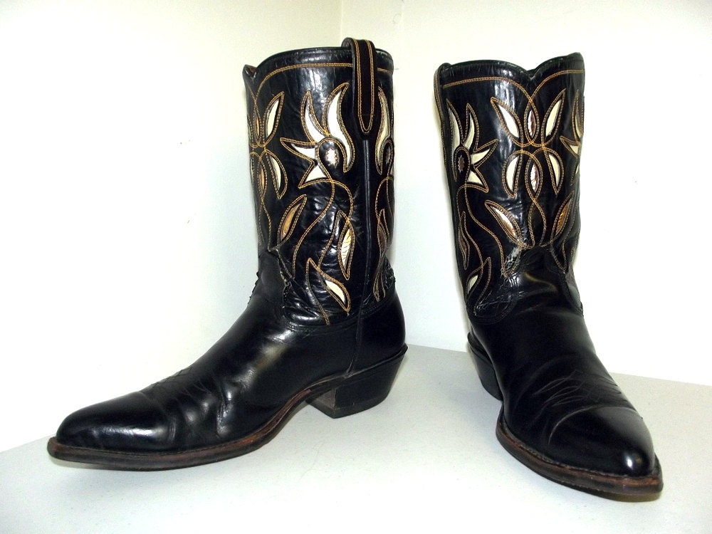 Vintage Black Cowboy boots white and gold inlay design size 10.5 D or Cowgirl size 12