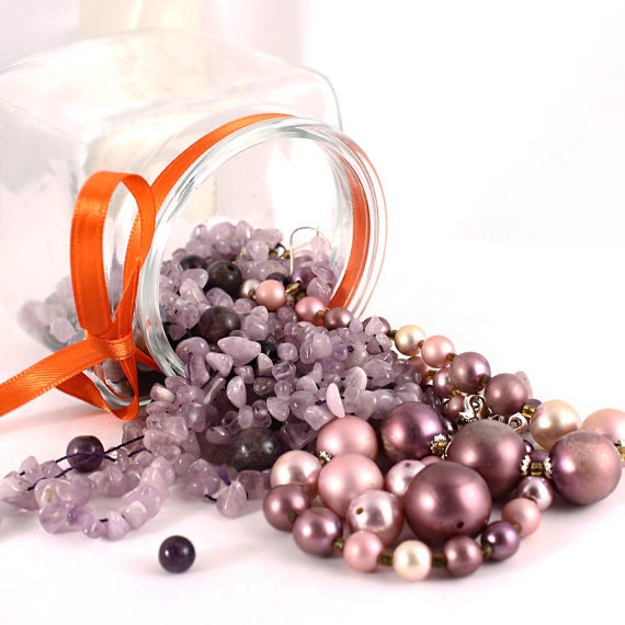 Destash Vintage Bead Lot - Purple Frosted Bubble Beads and Natural Amethyst Shapes - large lot 100