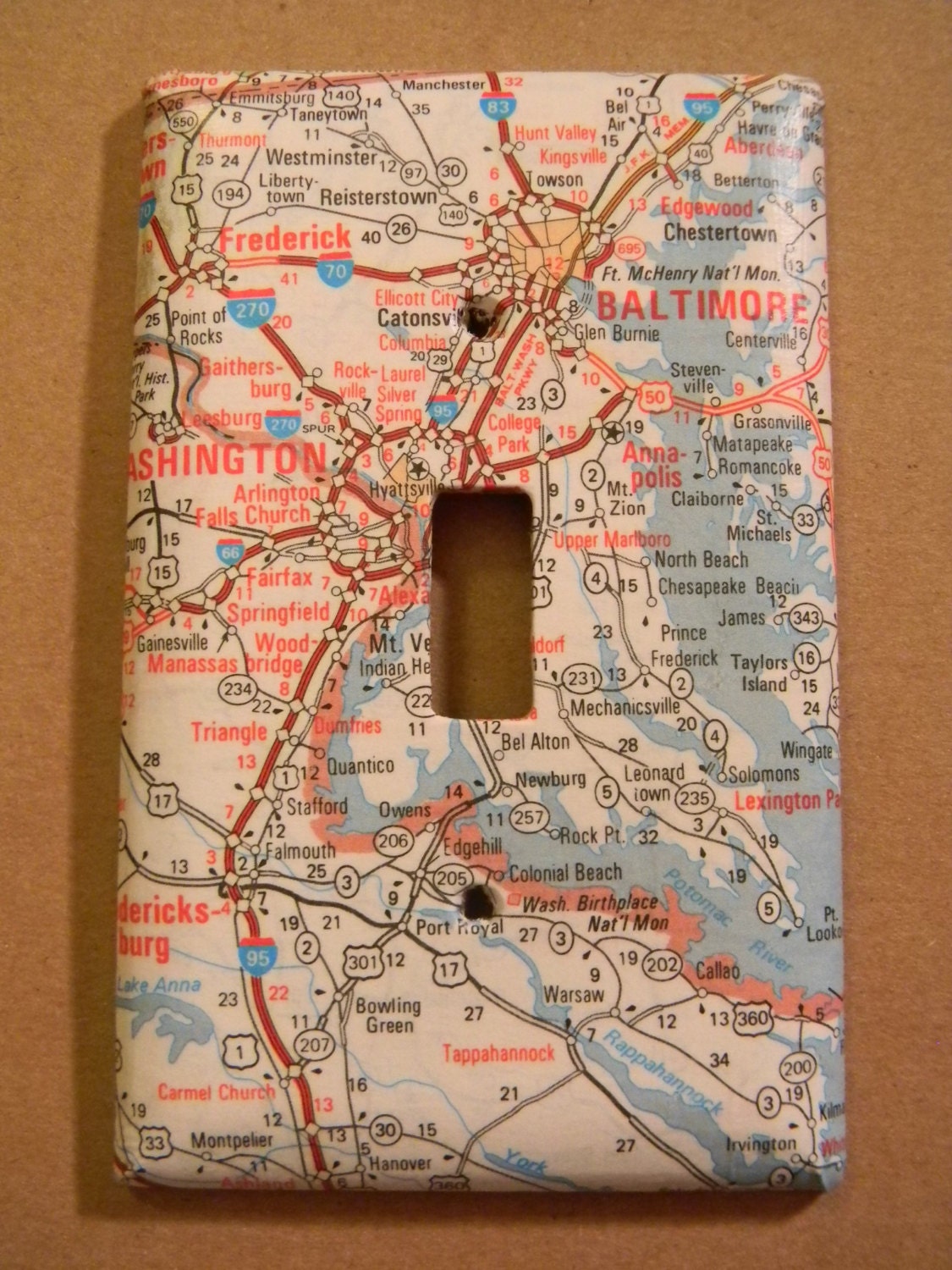 Washington D C  Annapolis Baltimore Maryland and Surrounding Area Road Map Light Switch Plate Cover