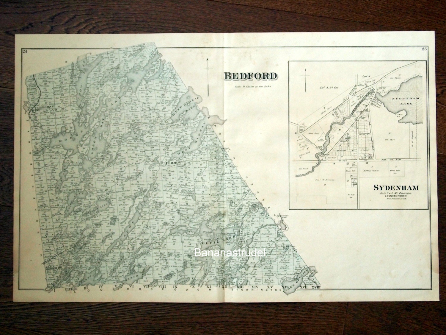Large Antique Hand Coloured Map of Bedford Township/South Frontenac, Ontario. From 1878 Atlas