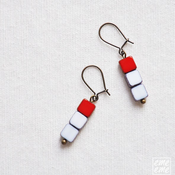 Czech glass Earrings - cherry red and white czech glass square beads - dangle - ruby -  geometric jewelry - emeeme