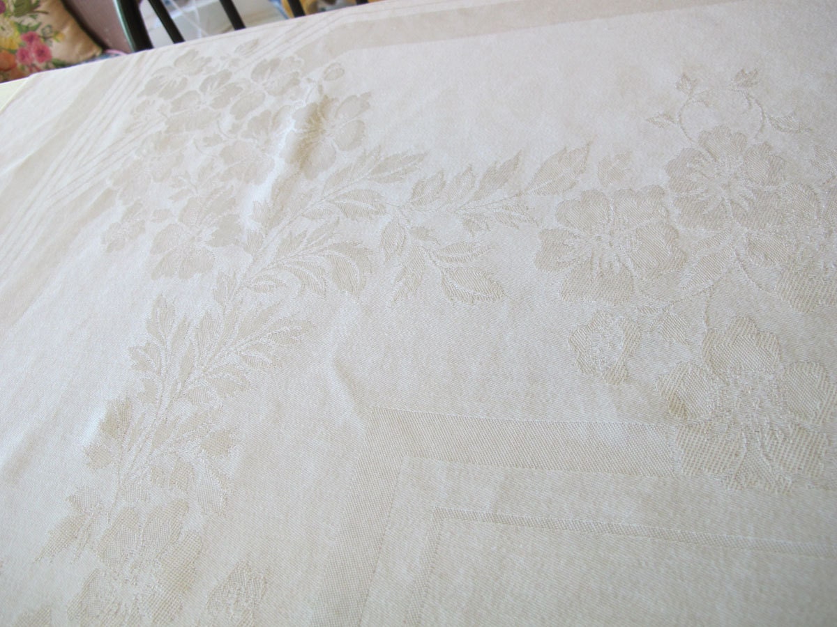 Items similar to Cotton Rayon Damask Tablecloth, Vintage White Floral