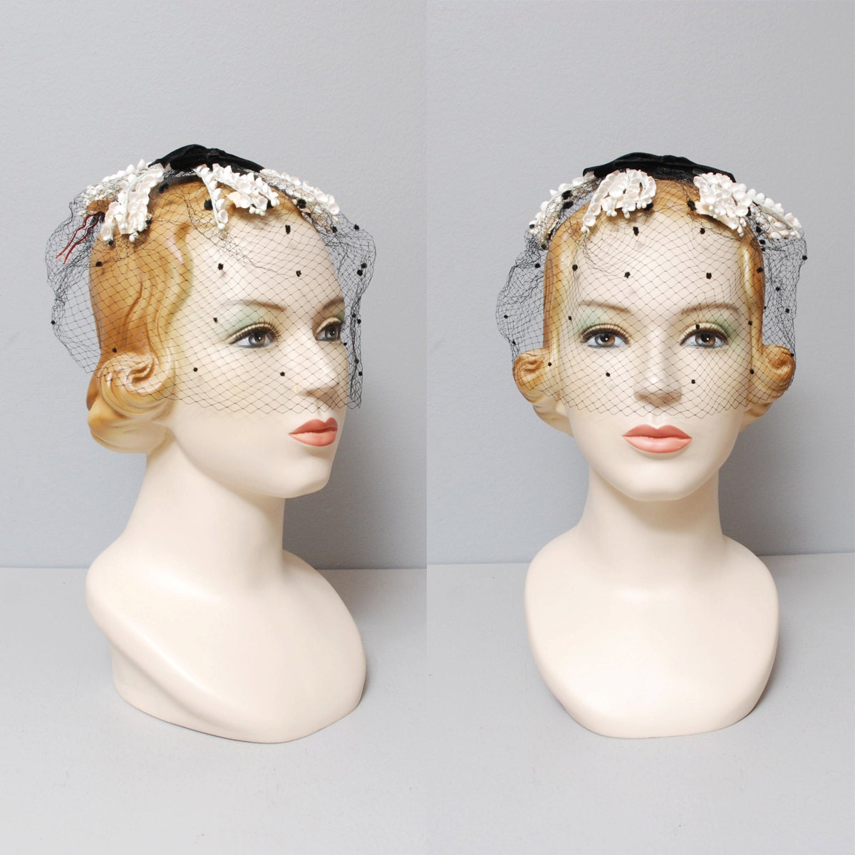 1950s Birdcage Veil - Black Netted Fascinator with Bell Flowers